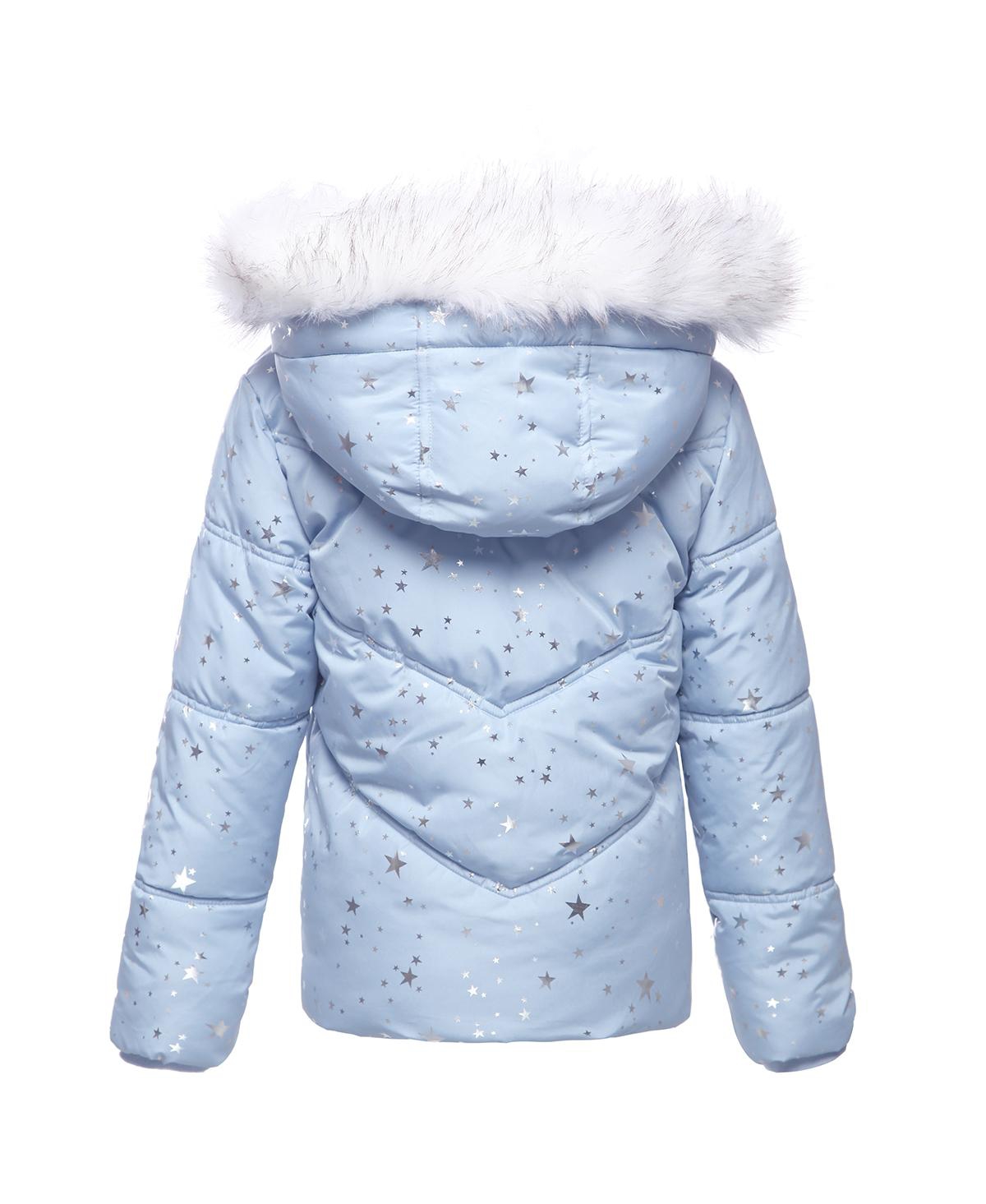 Rokka&Rolla Girls Heavyweight Puffer Jacket Bubble Coat - Blue Fog with Silver Star Print