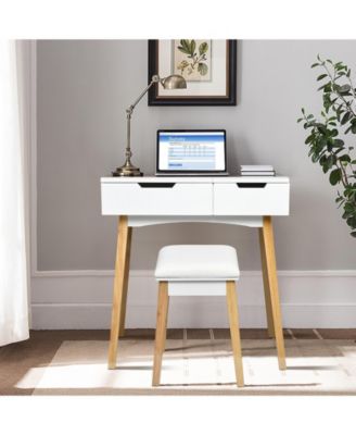 Wooden Vanity Table with Flip Top Mirror and Cushioned Stool
