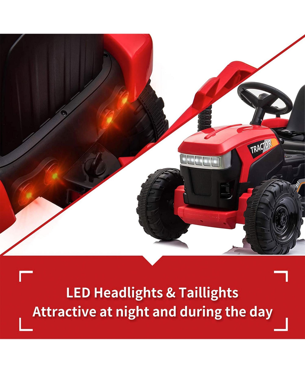 Tobbi 12V Kids Electric Battery-Powered Ride On Toy Tractor with Trailer,- Red