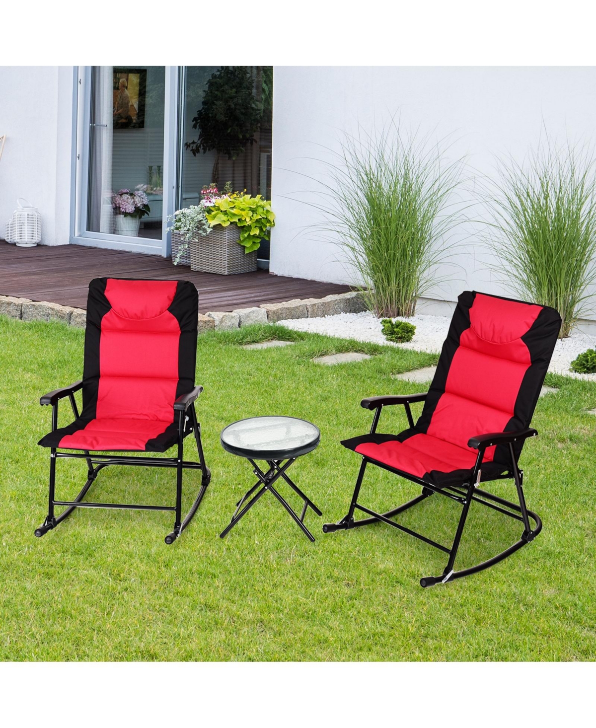 Sugift 3 Pieces Outdoor Folding Rocking Chair Table Set with Cushion