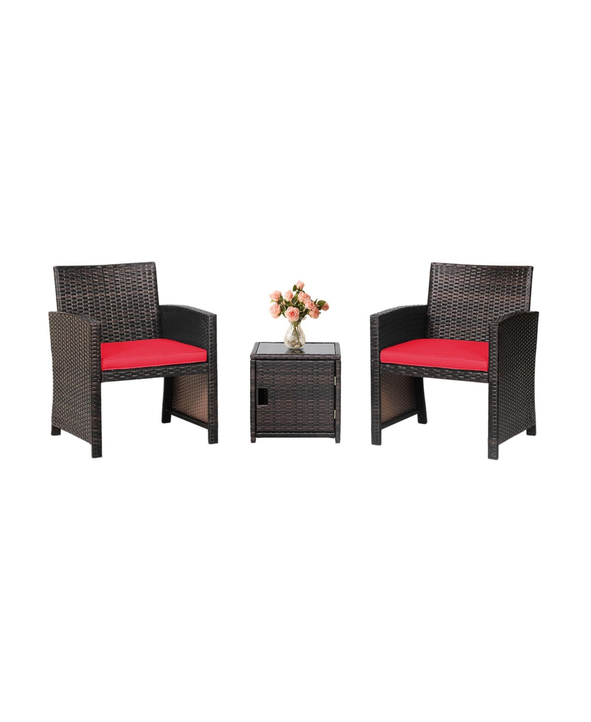 3 Pieces Patio Wicker Furniture Set with Storage Table and Protective Cover - Red