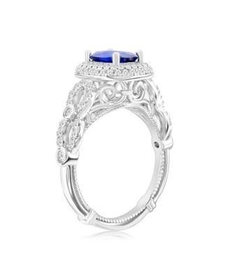 Suzy Levian Sterling Silver Blue and White Cubic Zirconia Pave Halo Center Stone Ring