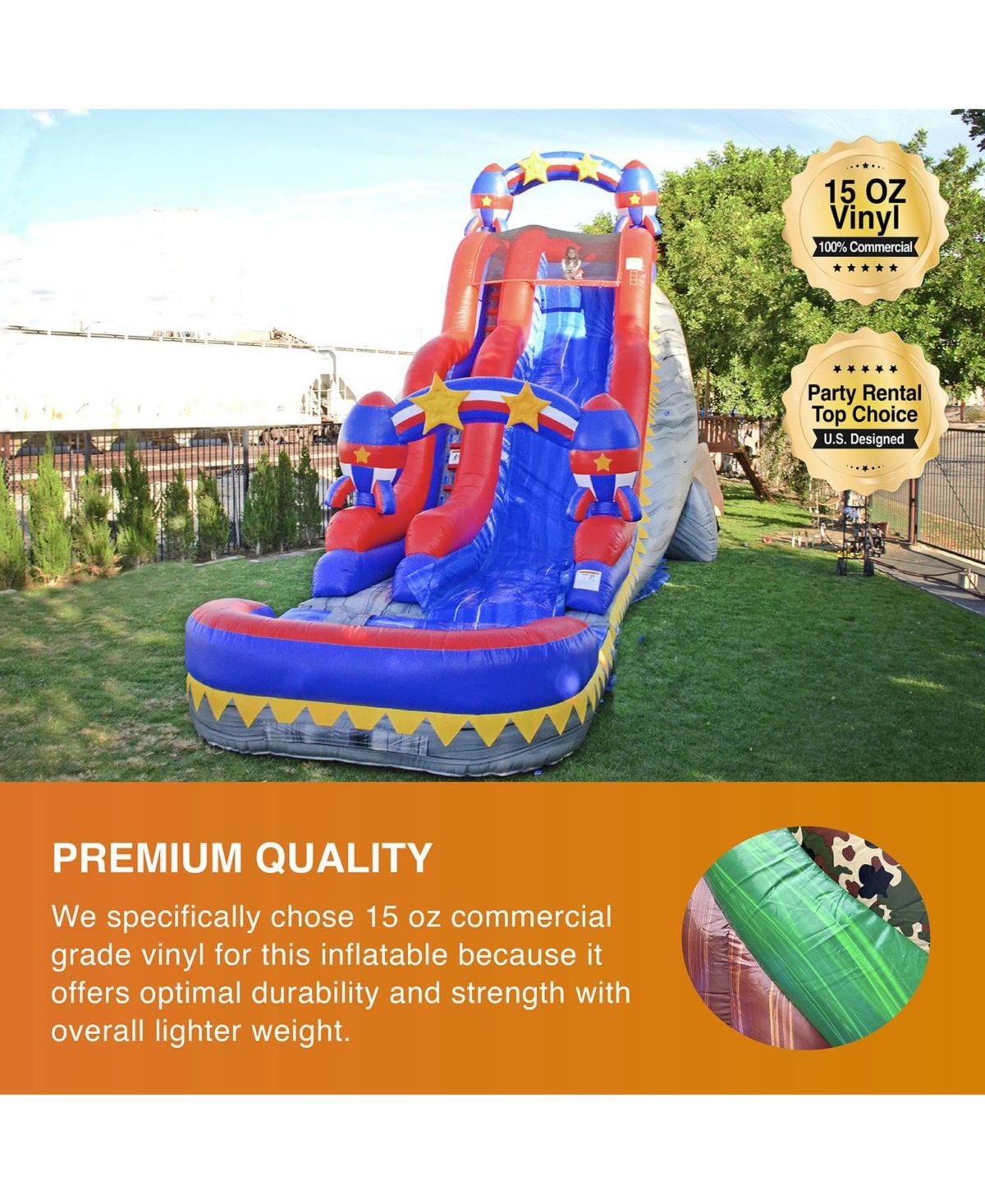 JumpOrange Commercial Grade Inflatable Rocket 1958 Double Drop Party Water Slide with Air Blower, Pvc Vinyl, Outdoor Play, Kids Party -/ Red / Y