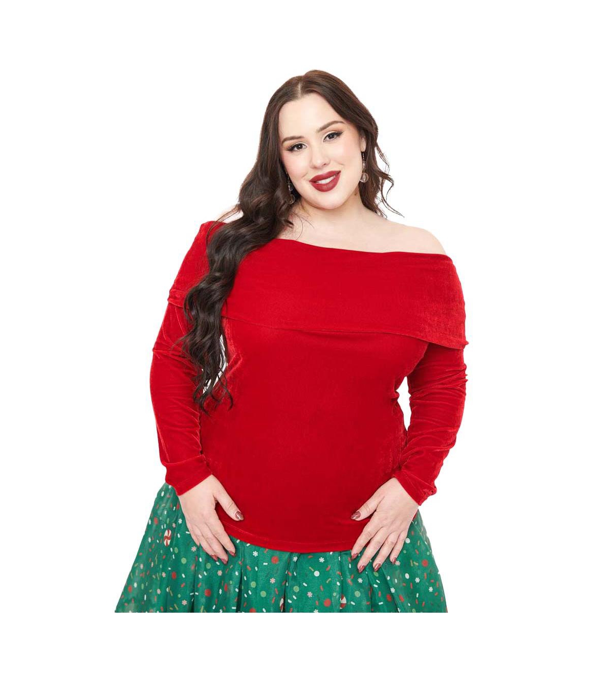 Unique Vintage Plus Size Fold Shoulder Long Sleeve Knit Top