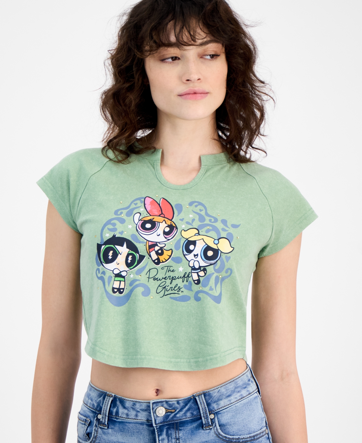FREEZE 24-7 JUNIORS' POWERPUFF GIRLS EMBELLISHED RAGLAN BABY TEE 