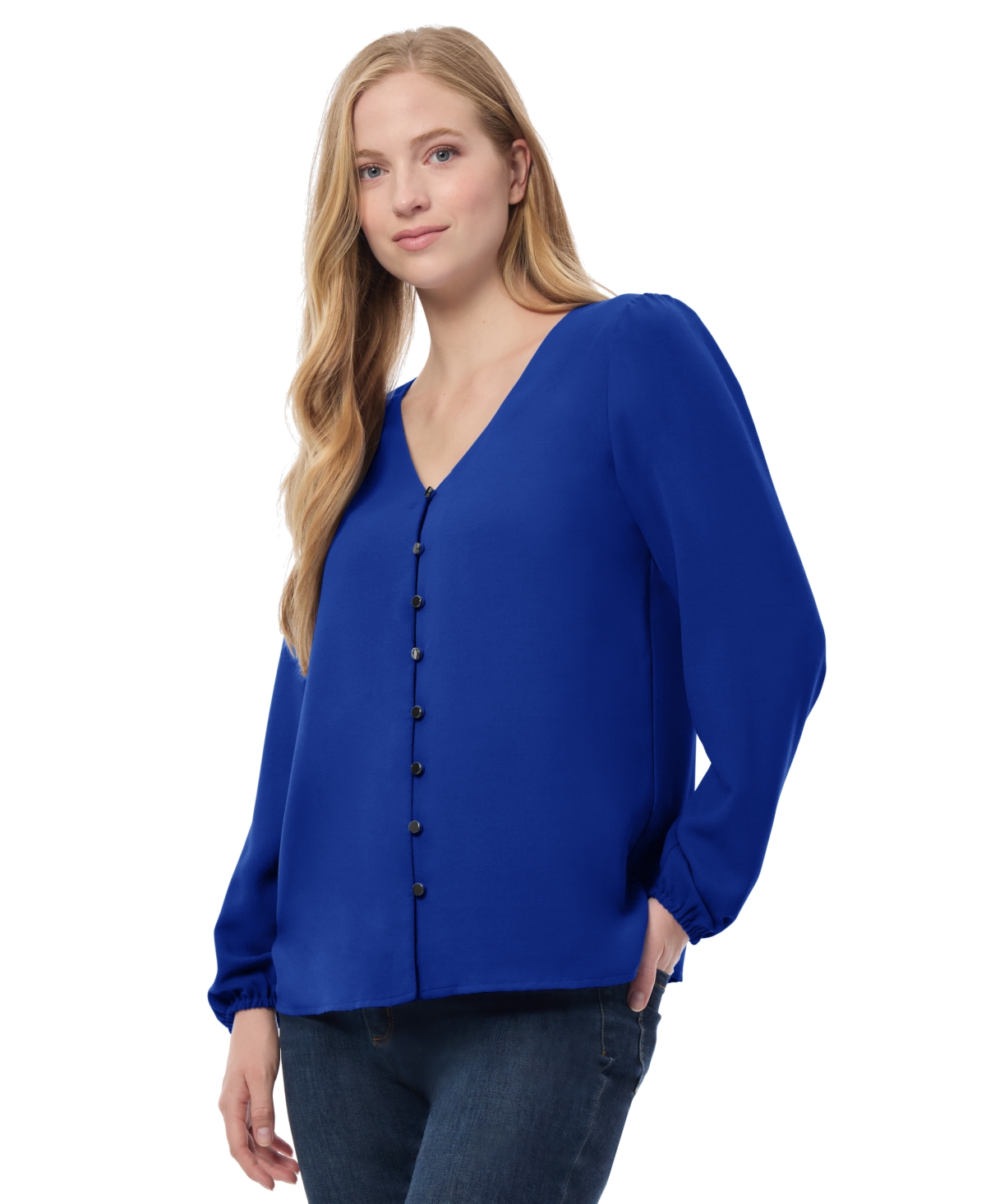 Jones New York Women's V Neck Button Front Top with Long Sleeves Jasper Crepe
