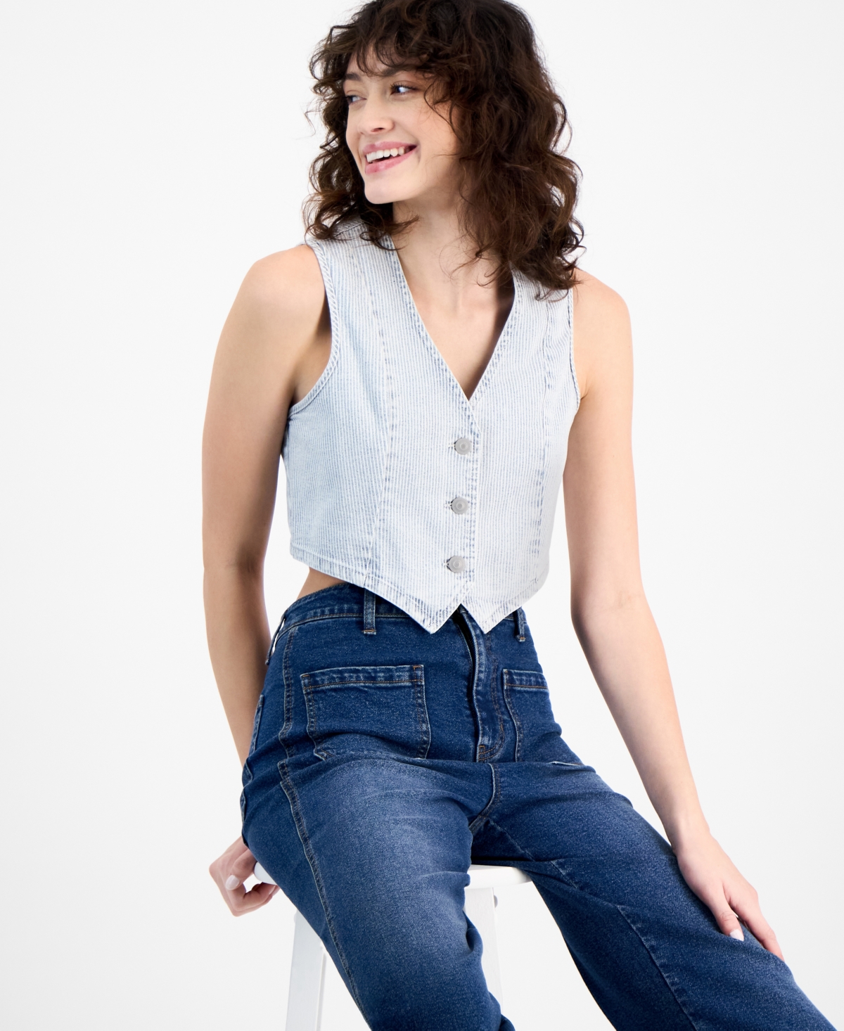 And Now This Women's Striped Button-front Denim Vest, Exclusively At Macy's In Blue,white Stripe
