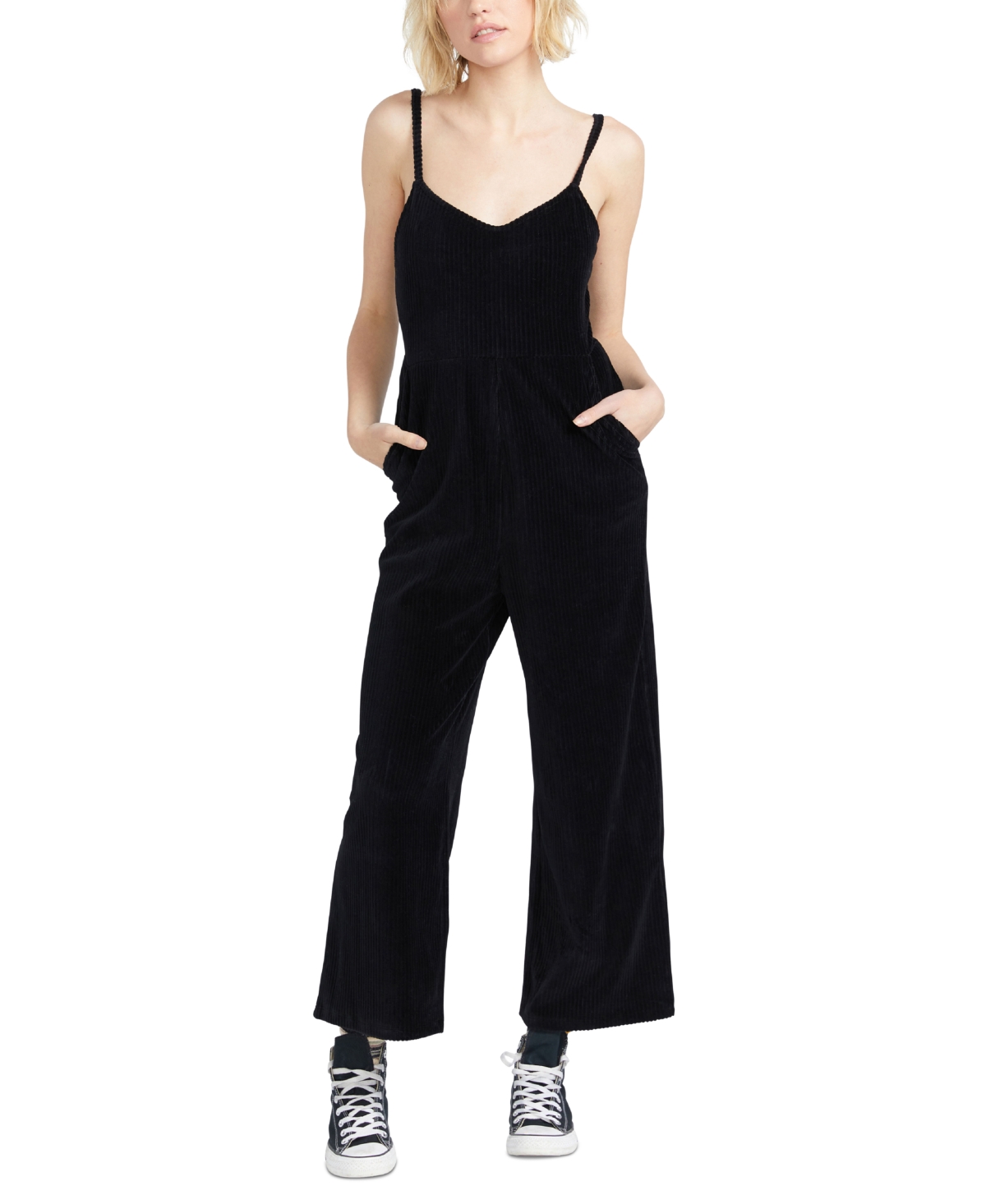 VOLCOM JUNIORS' CORDING TO U SLEEVELESS FLARE-LEG ROMPER 
