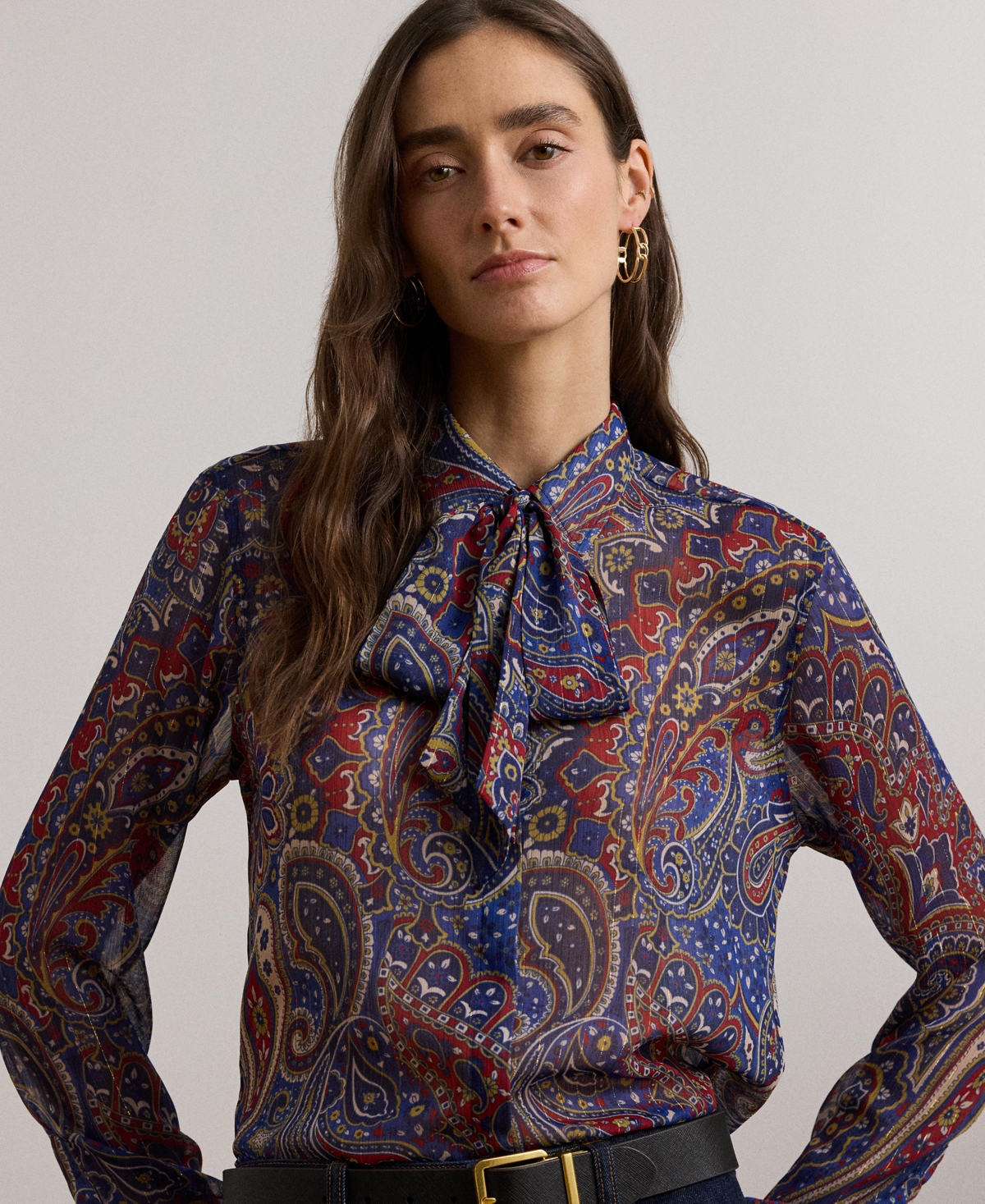 Lauren Ralph Lauren Women's Classic-Fit Print Chiffon Tie-Neck Shirt -red/cream