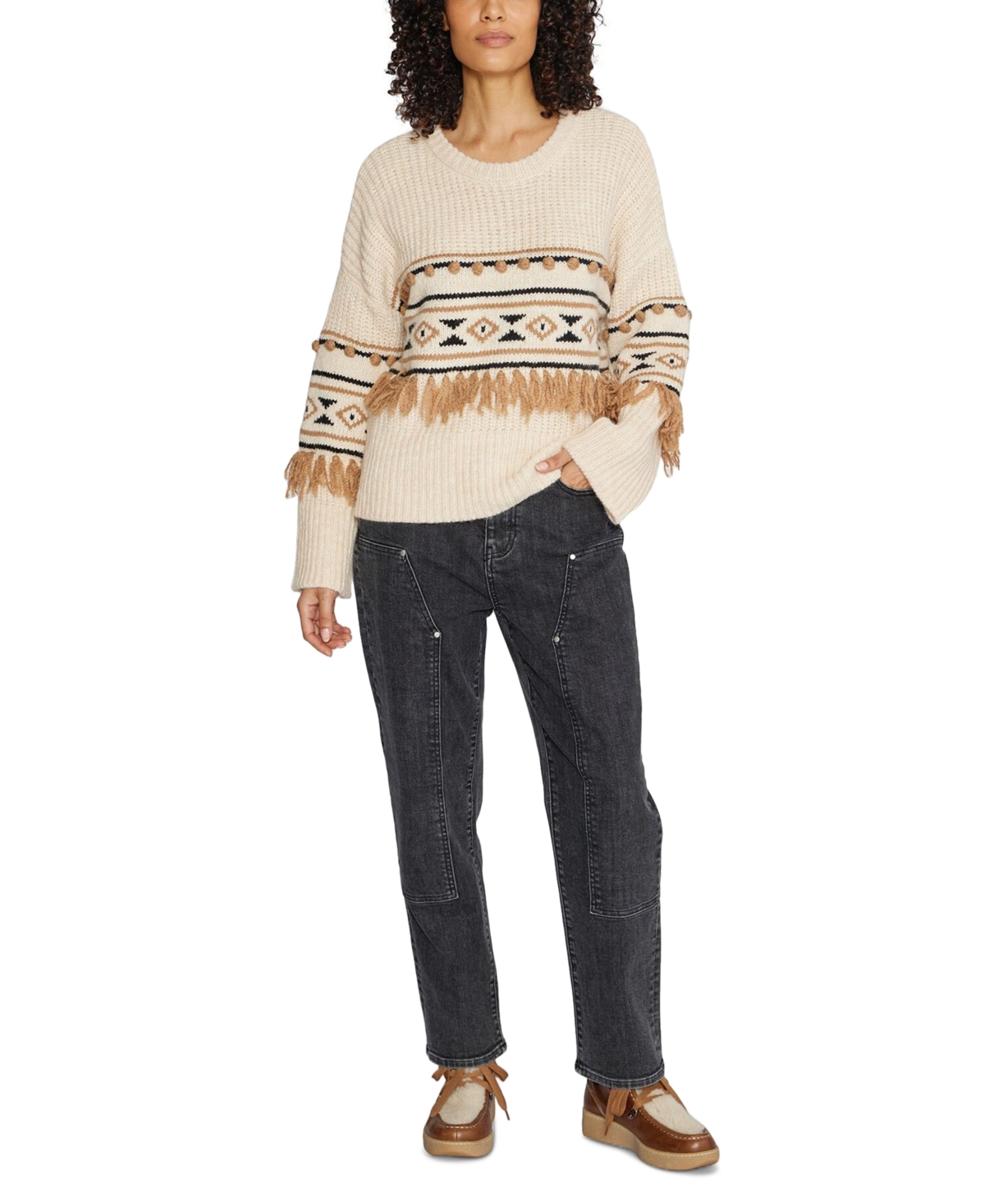 Shop Driftwood Women's Tasseled Geo-print Dropped-shoulder Sweater In Cream
