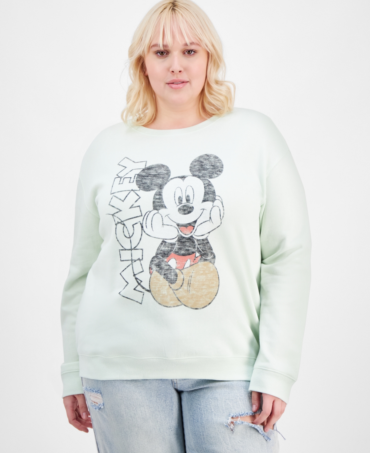 Trendy Plus Size Mickey Mouse Faded Print Sweatshirt - Sage