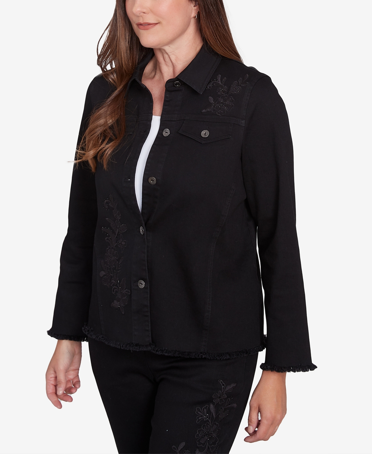 ALFRED DUNNER PETITE FLORAL EMBROIDERED DENIM JACKET 