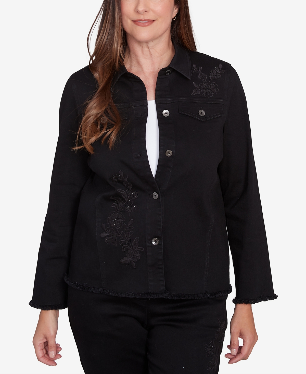 ALFRED DUNNER PETITE FLORAL EMBROIDERED DENIM JACKET 