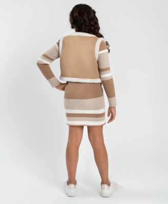 Big Girls Striped Dress with Faux Suede Vest and Necklace 3-Piece