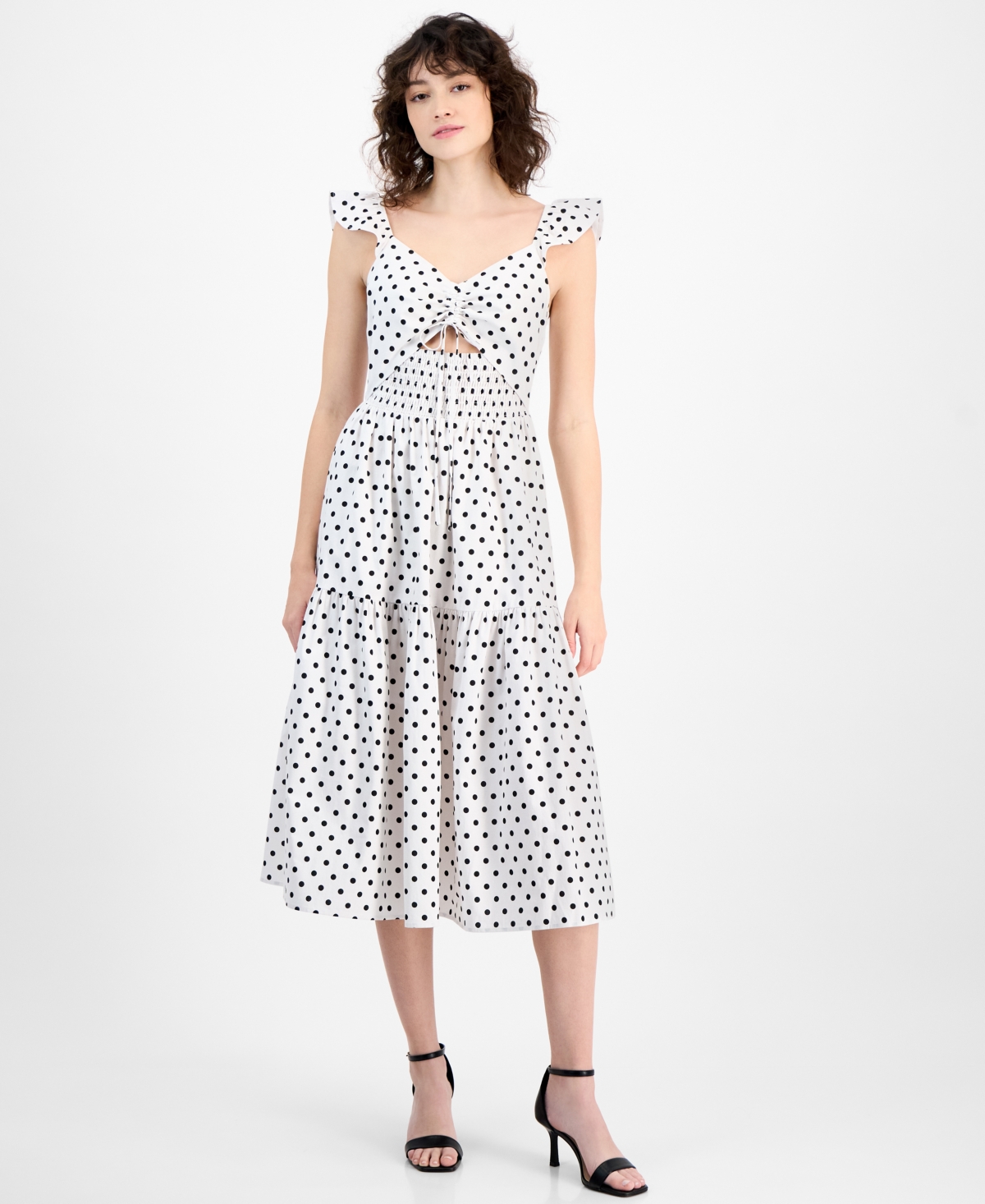 And Now This Women's Dot-print Cutout Smocked Midi Dress, Exclusively At Macy's In White,black Dot