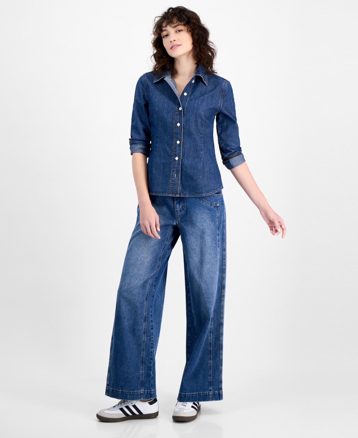 AND NOW THIS WOMEN'S DENIM PLEAT FRONTLONG-SLEEVE SHIRT 
