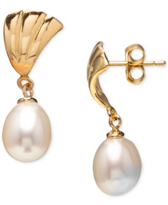Cultured Freshwater Pearl (7.5-9.5mm) Ridged Fan Drop Earrings in 18k Gold over Sterling Silver, Created for Macy's