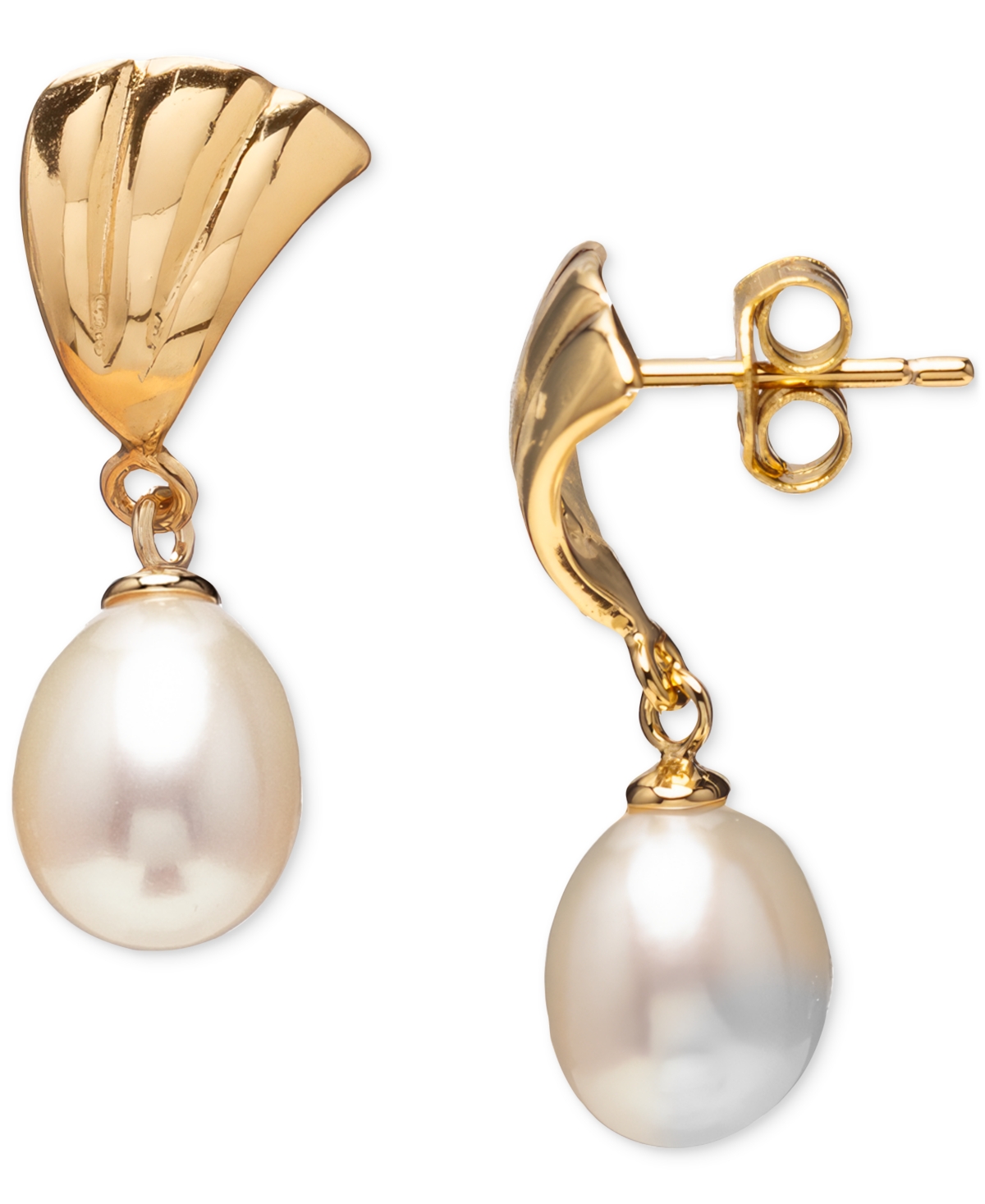 Macy's Cultured Freshwater Pearl (7.5-9.5mm) Ridged Fan Drop Earrings In 18k Gold Over Sterling Silver, Cre In Gold Over Silver