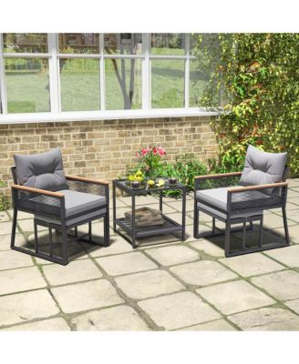 5 Piece Outdoor Conversation Set Rattan Armchairs with 2-Layer Side Table