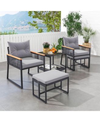 5 Piece Outdoor Conversation Set Rattan Armchairs with 2-Layer Side Table