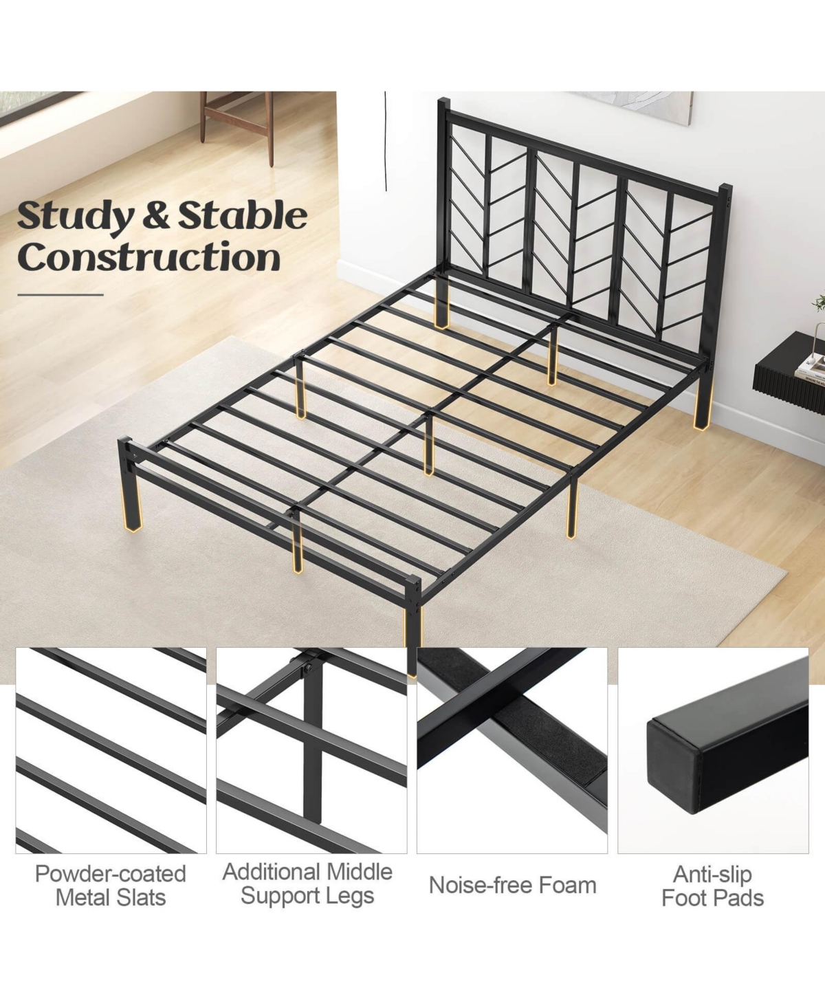 Full Size Platform Bed with Headboard 11.5" Under Bed Storage Easy Assembly