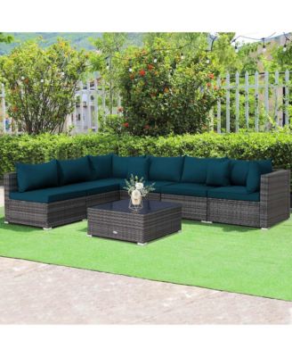 7PCS Patio Rattan Furniture Set Sectional Sofa Cushioned Garden Peacock