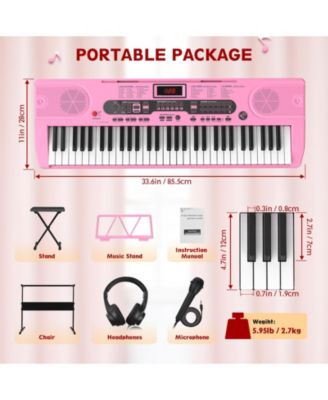 61-Key Pink Electric Keyboard Piano for Beginners with Stand, Bench, Microphone, Headphones, Dual Speakers & Teaching Modes