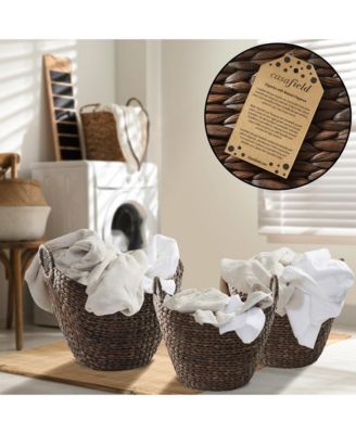 Set of 3 Boat Baskets with Handles - Espresso, Woven Water Hyacinth Storage Organizers for Blankets, Laundry, Bathroom, Bedroom, Living Room
