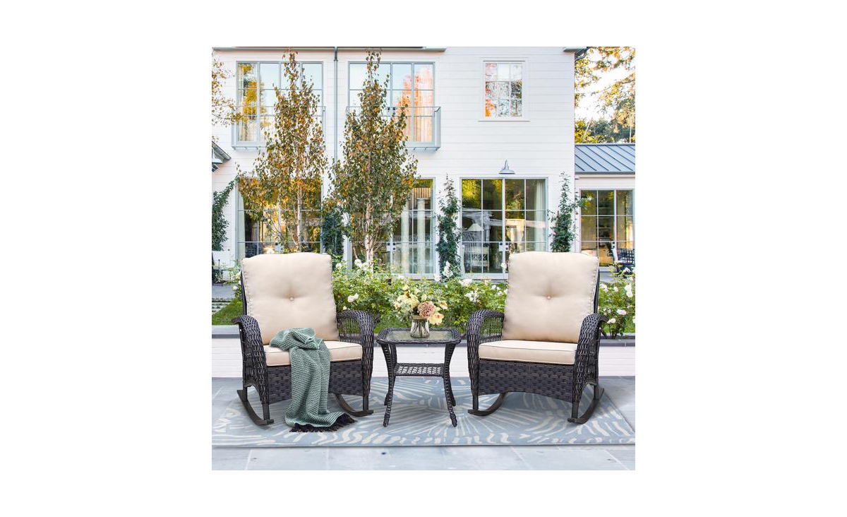 Slickblue 3-Piece Wicker Patio Rocker Set, DarkRattan Rocking Chairs with Glass Table - Brown