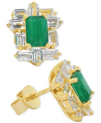 Macy's - Emerald (1 ct. t.w.) & White Topaz (2 ct. t.w.) Baguette Halo Stud Earrings in 14k Gold-Plated Sterling Silver (Also in Ruby & Sapphire)