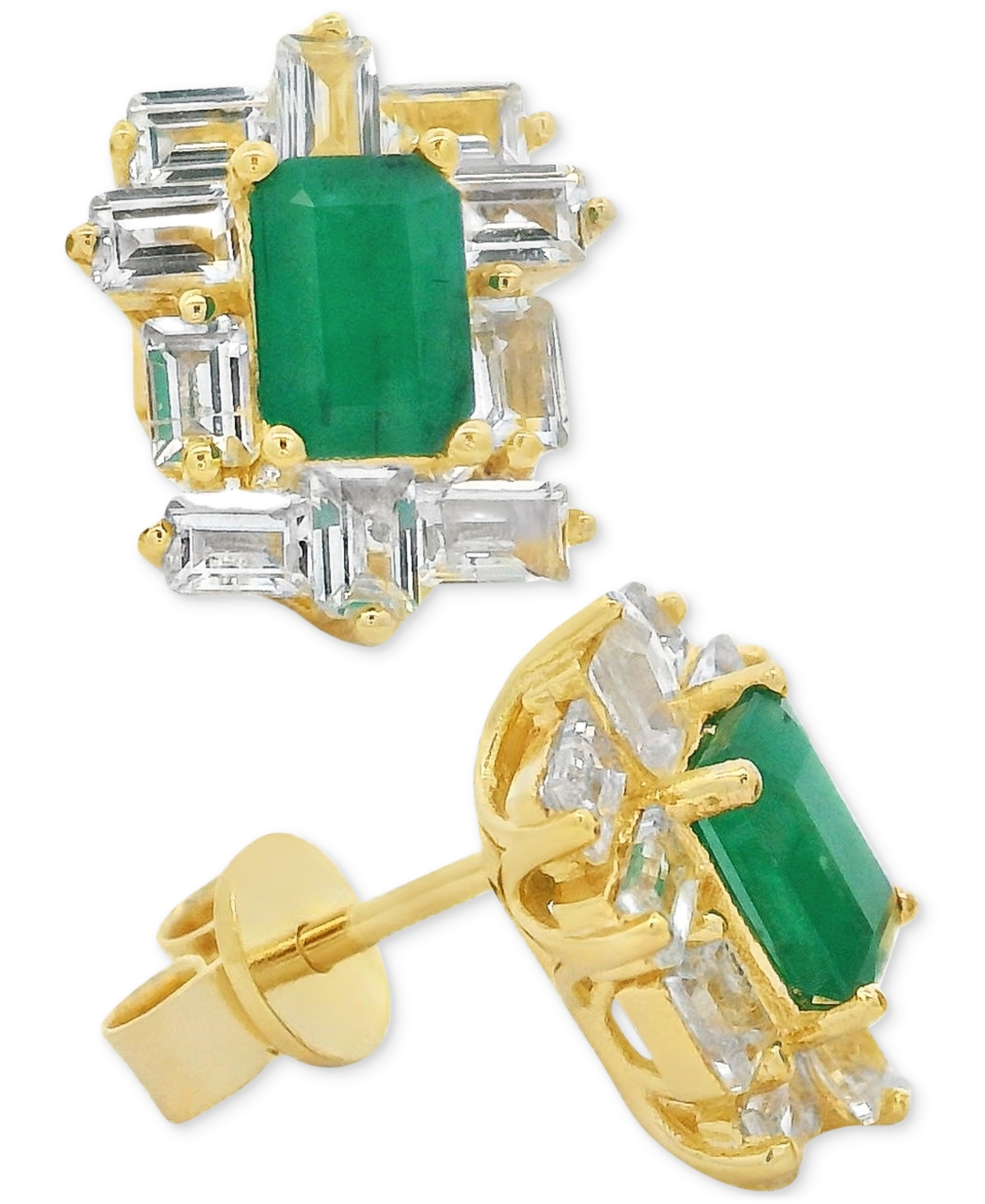 Macy's Emerald (1 Ct. T.w.) & White Topaz (2 Ct. T.w.) Baguette Halo Stud Earrings In 14k Gold-plated Sterl In Emerald
