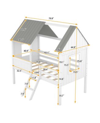Twin Size Low Loft Wood House Bed with Two Side Windows