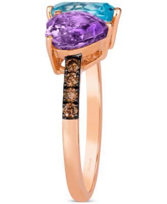 Blue Topaz (2 ct. t.w.), Amethyst (1-1/4 ct. t.w.) & Chocolate Diamond (1/5 ct. t.w.) Ring in 14k Rose Gold