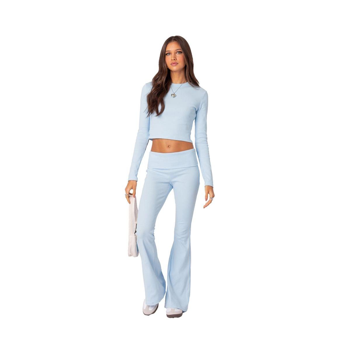 Edikted Women's Coffee Break Ribbed Flare Leggings - Light-blue