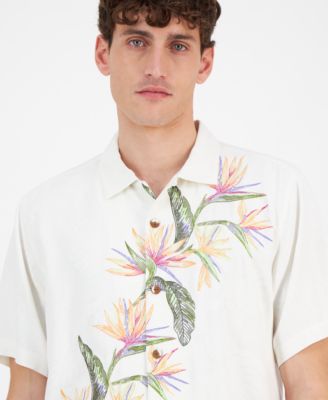 Men's Short-Sleeve Across Paradise Embroidered Leaves Silk Button-Down Shirt