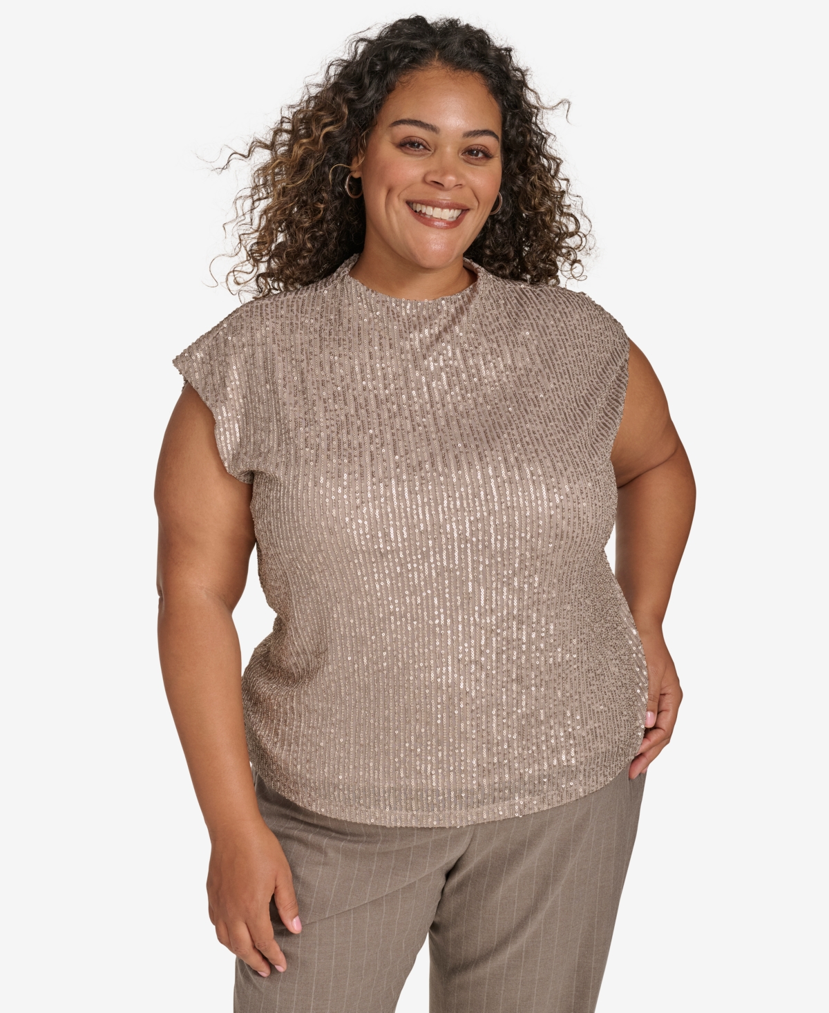 Plus Size Ribbed Shine Cap-Sleeve Top - Oyster/silver