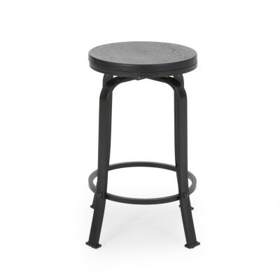 Modern Industrial Swivel Counter Stool with Faux Wood Seat