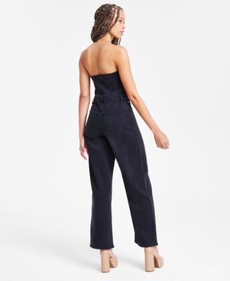 Women's Strapless Black-Wash Denim Jumpsuit