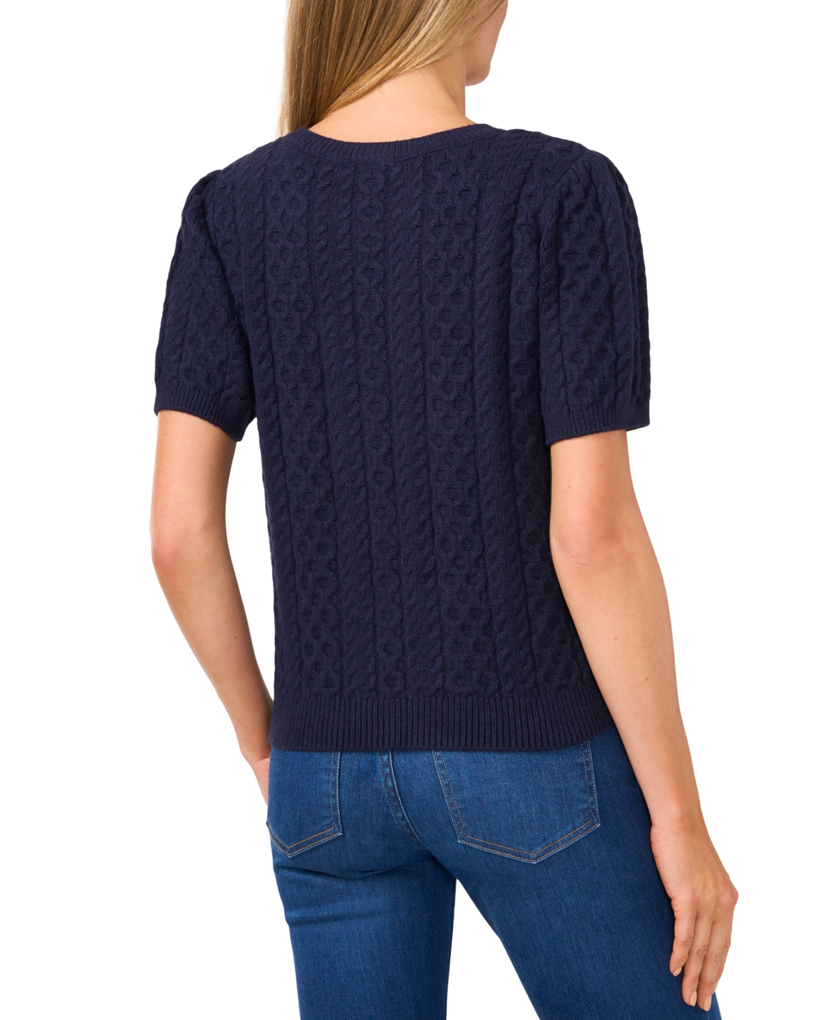 CeCe Women's Puff Short Sleeve Mixed Cable Knit Crew Neck Sweater