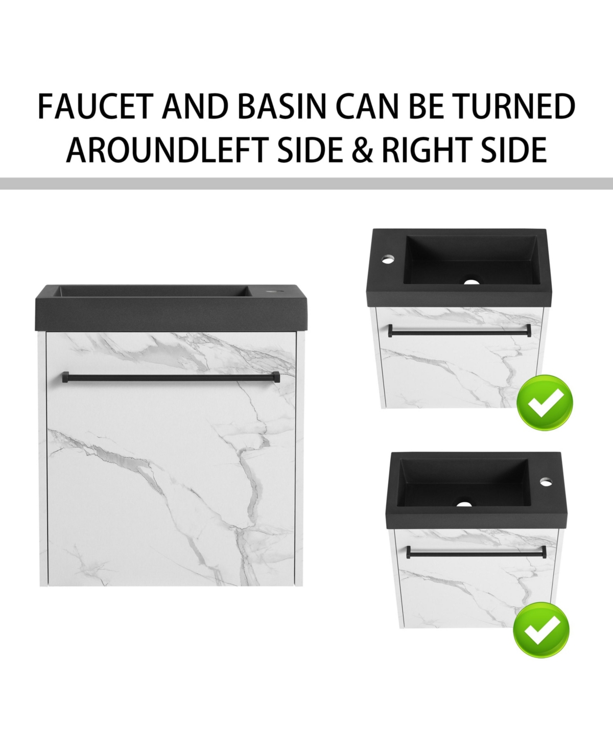 Streamdale Furniture Compact Wall-Mounted Vanity Soft-Close Doors, Resin Sink, Scratch-Resistant Surface - White+black