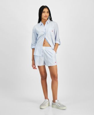 Juniors Button Front Long Sleeve Striped Shirt Cherry Striped Boxer Shorts