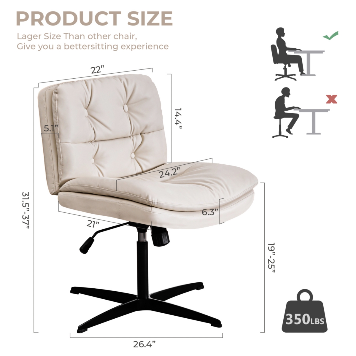 Streamdale Furniture Large Size Armless Home Office Desk Chair Vanity Chair No Wheels