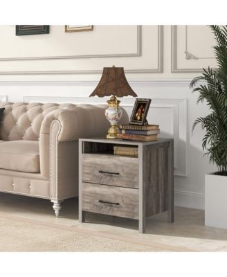 Nightstand w/ 2 Drawers Farmhouse Bed Side Table w/ Open Storage Shelf