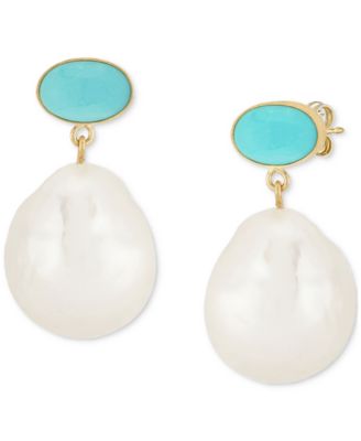 Turquoise & Cultured Freshwater Baroque Pearl (12mm) Drop Earrings in 14k Yellow Gold