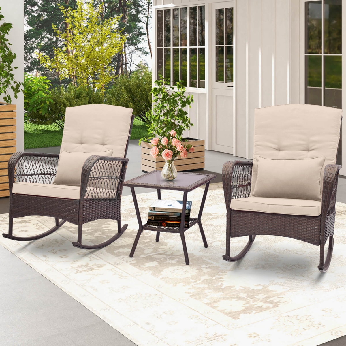 Costway Patio 3PCS Rocking Wicker Bistro Set 2 Rocker Chairs Tempered Glass Side Table