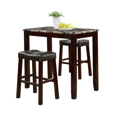 Simplie Fun 3-Piece Counter Height Glossy Print Marble Breakfast Table with Stools, Espresso