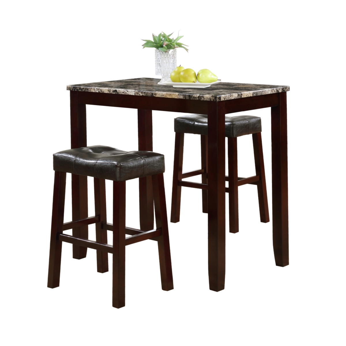 Streamdale Furniture 3-Piece Counter Height Glossy Print Marble Breakfast Table with Stools,- Espresso