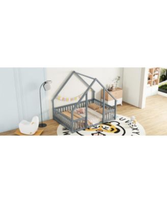 Streamdale Full Wood House-Shaped Floor Bed with Fence, Guardrails, Grey