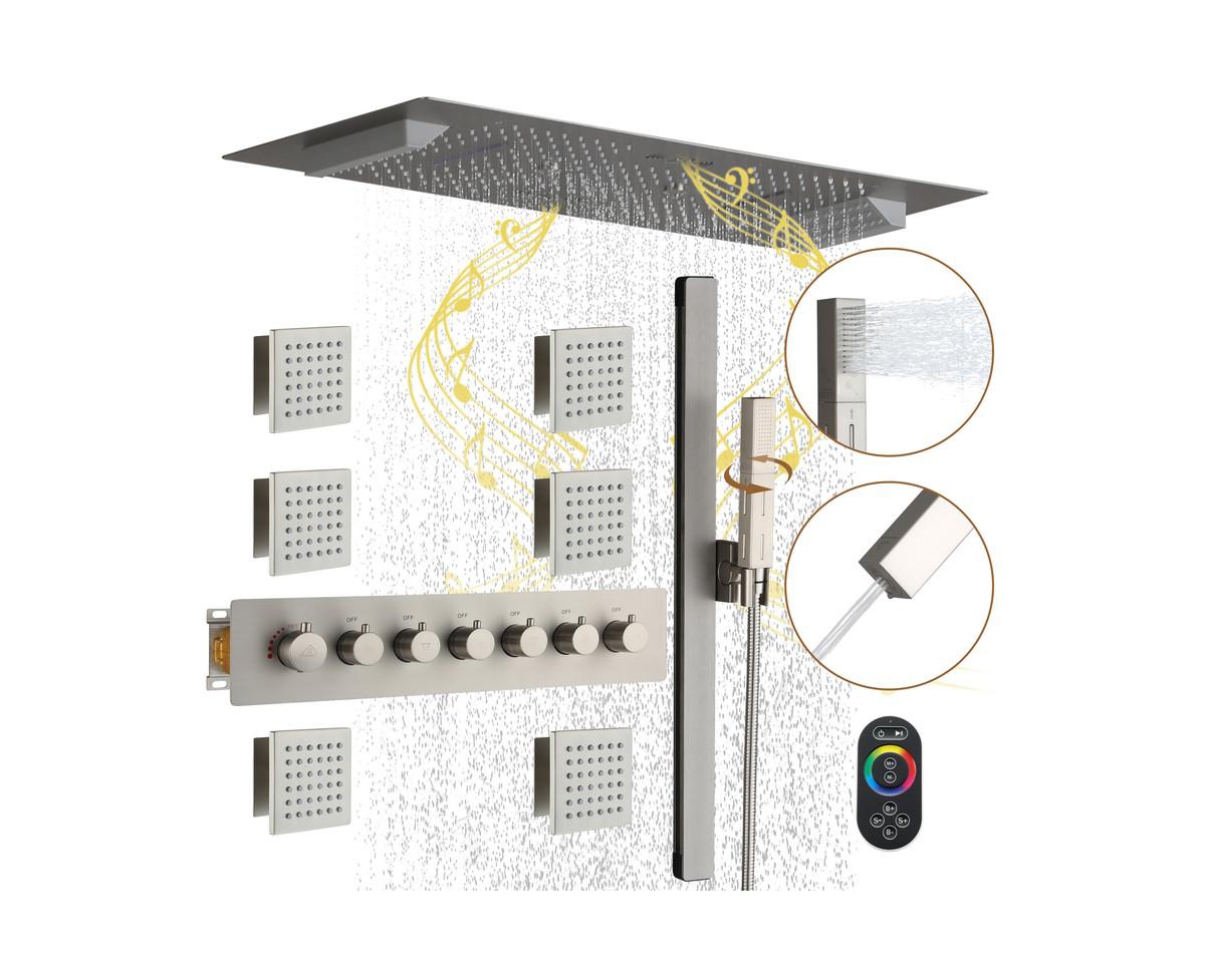 36 Inch Led & Music Rainfall Thermostatic Shower System with Slide Bar and 2-in-1 Handheld - Brushed nickel