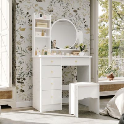 1 Pc Pink Wood 5-Drawer Vanity Set with Mirror, Stool & Storage Shelves – Dressing Table